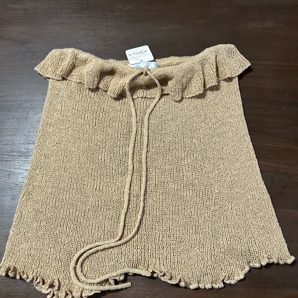 Off-Shoulder Ruffle Knit Top in Camel